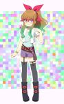  1girl belt black_footwear black_thighhighs brown_hair caro-xy glasses hair_ribbon long_hair looking_at_viewer multicolored_hair ohdo_yuamu ponytail purple_eyes red-framed_eyewear ribbon shorts thighhighs two-tone_hair yu-gi-oh! yu-gi-oh!_go_rush!! 