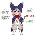  1:1 anthro biped bottomless capcom clothed clothing dialogue english_text felid felyne female fur genitals green_eyes grey_body grey_fur hi_res lynian mammal monster_hunter monster_hunter_stories_2:_wings_of_ruin palico pussy saeko_art simple_background solo text tsukino_(monster_hunter_stories) white_background yellow_sclera 
