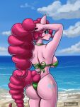  3:4 beach big_butt blush breasts butt equid equine friendship_is_magic hair hasbro hi_res looking_at_viewer looking_back looking_back_at_viewer mammal my_little_pony pink_body pink_hair pinkie_pie_(mlp) rear_view seaside zachc 