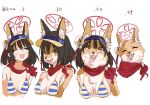  1girl :3 ^_^ animal_ear_fluff animal_ears animal_nose animalization bandana bare_shoulders bikini blue_archive blue_bikini blush body_fur breasts brown_hair cleavage closed_eyes collarbone commentary_request cropped_torso daisy fang fangs flower fox fox_ears fox_girl furrification furry gomibako_(gomibako_price) hair_flower hair_ornament halo happy highres izuna_(blue_archive) izuna_(swimsuit)_(blue_archive) looking_at_viewer medium_breasts multicolored_clothes multicolored_headwear multiple_views open_mouth pom_pom_(clothes) pom_pom_hair_ornament red_bandana red_eyeliner sharp_teeth short_hair sidelocks simple_background skin_fang smile snout striped striped_bikini swimsuit teeth translation_request two-tone_fur upper_body visor_cap white_background white_fur yellow_eyes yellow_flower yellow_fur 