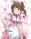 1girl ahoge brown_hair drill_hair drill_ponytail grin hand_on_own_hip idolmaster idolmaster_million_live! idolmaster_million_live!_theater_days maid maid_headdress official_art one_eye_closed puffy_sleeves purple_eyes side_ponytail smile solo starry_background waitress yokoyama_nao 