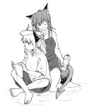  2girls animal_ears arknights barefoot book bottle breasts closed_eyes dragon_girl dragon_horns dragon_tail drawstring extra_ears fox_ears fox_girl fox_tail franka_(arknights) greyscale haruichi_(sazanami_complex) holding holding_book holding_bottle horns kneeling liskarm_(arknights) long_hair monochrome multiple_girls open_book open_mouth ponytail shirt short_sleeves shorts sidelocks simple_background sitting sleeveless sleeveless_shirt small_breasts t-shirt tail tank_top water_bottle white_background 