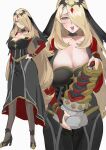  1girl :d bad_hands black_dress black_veil blonde_hair breasts closed_mouth cynthia_(pokemon) cynthia_(sygna_suit)_(renegade)_(pokemon) dildo dress earrings full_body giratina grey_eyes hair_over_one_eye hand_on_own_hip high_heels holding holding_sex_toy huge_dildo jewelry large_breasts long_hair multiple_views official_alternate_costume open_mouth pantyhose pokemon pokemon_(game) pokemon_masters_ex rkgkjin sex_toy simple_background smile sweat tiara veil very_long_hair white_background 