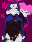  2girls aetherion angry blue_cape blush_stickers breasts cape closed_eyes dc_comics facial_mark forced_smile forehead_mark grin highres jinx_(dc) looking_at_viewer multiple_girls pink_hair purple_hair raven_(dc) short_hair simple_background smile standing teen_titans 