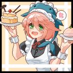  1girl :d alternate_costume black_border border breasts cake commentary eaglov food green_eyes looking_at_viewer maid okunoda_miyoi open_mouth pink_hair pixel_art short_hair smile touhou upper_body whale_hat wrist_cuffs yellow_background 