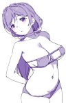  1girl :o arms_behind_back bikini breasts choker collarbone duke_(inu_daimyou) eyepatch_bikini large_breasts long_hair looking_to_the_side love_live! love_live!_school_idol_project low_twintails monochrome navel purple_theme simple_background solo swimsuit toujou_nozomi twintails white_background 