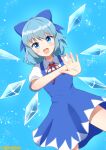  1girl :d bad_id bad_pixiv_id blue_bow blue_dress blue_eyes blue_hair bow breasts cirno collared_shirt dress fairy fairy_wings flat_chest hair_bow hair_ornament hairband hands_up highres ice ice_wings legs_apart light_blue_background neck_ribbon oboroillust open_mouth pinafore_dress puffy_short_sleeves puffy_sleeves red_ribbon ribbon shirt short_hair short_sleeves small_breasts smile touhou wings 