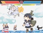  abyssal_ship ahoge akebono_(kancolle) black_hair blue_sailor_collar blue_skirt cetacean_tail character_name cloud contest countdown_timer dress fighting fighting_game fins fish_tail fusou_(kancolle) health_bar kantai_collection living_hair long_hair machinery northern_little_sister parody pleated_dress pleated_skirt saiguchi_otoufu sailor_collar school_uniform serafuku seven-segment_display skirt smokestack street_fighter street_fighter_6 tail ushio_(kancolle) water yamashiro_(kancolle) 