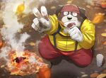  2023 anthro autumn bernese_mountain_dog black_body black_nose bottomwear canid canine canis clothing detailed_background domestic_dog eating eyes_closed food hi_res humanoid_hands kemono leaf male mammal molosser mountain_dog nekodon_san overweight overweight_male pants shirt solo swiss_mountain_dog topwear white_body 
