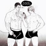 2boys abs artist_name bara boxer_briefs chest_hair chris_redfield english_text facial_hair greyscale highres holding holding_shower_head holding_soap large_pectorals leg_hair leon_s._kennedy male_focus male_underwear monochrome multiple_boys muscular muscular_male navel nipples pectorals resident_evil resident_evil_6 shampoo_bottle shejiyeah short_hair shower_head soap thick_thighs thighs underwear 