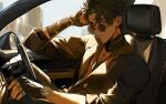  1boy alternate_costume black_hair car car_seat commentary english_commentary fingerless_gloves gauze_on_arm gauze_on_neck genshin_impact gloves highres jewelry looking_at_viewer messy_hair motor_vehicle ring solo suncoze sunglasses tan watch wriothesley_(genshin_impact) 