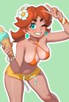  1girl bare_shoulders bikini bikini_top_only blue_eyes breasts brown_hair cleavage earrings flower_earrings freckles grin halterneck highres jewelry large_breasts looking_at_viewer mario_(series) navel one_eye_closed open_mouth princess_daisy riz short_shorts shorts smile swimsuit teeth thighs 