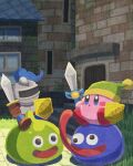  armor blue_eyes blush_stickers brown_footwear brown_gloves castle crossover door dragon_quest dragon_quest_v gloves gooey_(kirby) googly_eyes highres holding holding_shield holding_sword holding_weapon kirby kirby_(series) miclot no_humans open_mouth outdoors pink_footwear shield shoes slime_(creature) slime_(dragon_quest) slime_(substance) stone_wall sword tongue tongue_out wall weapon 