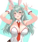  1girl absurdres animal_ears aqua_eyes aqua_hair between_breasts blush breasts fake_animal_ears hair_between_eyes hair_ornament hairclip highres jewelry kantai_collection large_breasts leotard long_hair looking_at_viewer necktie necktie_between_breasts nitamako_(sakamalh) playboy_bunny rabbit_ears ring solo strapless strapless_leotard suzuya_(kancolle) wedding_ring 