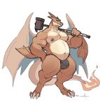  2023 absurd_res anthro baehotline big_pecs biped bulge claws digital_media_(artwork) finger_claws full-length_portrait hammer hi_res holding_hammer holding_object holding_tool male mega_charizard mega_charizard_y mega_evolution membrane_(anatomy) membranous_wings musclegut muscular muscular_anthro muscular_male navel nintendo nipples pecs pokemon pokemon_(species) portrait simple_background solo standing toe_claws tools white_background wings 