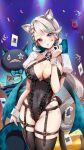  1girl animal_ears blush breasts cat_ears cat_girl cat_tail cleavage facial_mark foxyreine genshin_impact grey_hair highres large_breasts long_hair looking_at_viewer lynette_(genshin_impact) purple_eyes solo star_(symbol) star_facial_mark tail thighhighs thighs 