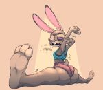  anthro big_butt bottomwear bra butt clothing disney english_text female flexible grey_body judy_hopps lagomorph leporid mammal one_eye_closed onomatopoeia open_mouth purple_eyes rabbit shorts sixsidesofmyhead solo sound_effects splits sports_bra spread_legs spreading text underwear yawn yawning_position zootopia 