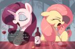  absurd_res alcohol beverage duo english_text equid equine eyebrows eyelashes eyes_closed eyeshadow female feral fluttershy_(mlp) friendship_is_magic fur hair hasbro hi_res hooves horn makeup mammal my_little_pony nookprint open_mouth pegasus pink_hair purple_hair rarity_(mlp) speech_bubble text tongue tongue_out unicorn unicorn_horn white_body white_fur wine wings yellow_body yellow_fur 