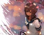  1girl brown_hair cherry_blossoms collarbone fubuki_(kancolle) green_eyes green_sailor_collar hair_between_eyes highres kantai_collection sailor_collar school_uniform serafuku short_hair short_ponytail short_sleeves sidelocks signature solo sunday_aki upper_body 