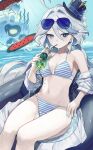  1girl absurdres ahoge bare_shoulders bikini blue_eyes blue_hair blue_headwear blue_sky breasts commentary cup day drinking drinking_glass drinking_straw furina_(genshin_impact) genshin_impact groin hair_between_eyes hair_intakes hand_fan hat highres holding holding_cup holding_fan hydro_eidolon_(genshin_impact) long_hair looking_at_viewer mini_hat mini_top_hat mirae navel ocean off_shoulder outdoors paper_fan sitting sky small_breasts solo stomach striped striped_bikini sunglasses swimsuit symbol-only_commentary thighs top_hat uchiwa very_long_hair 