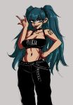  absurdres black_choker blue_hair character_name choker clothes_writing commentary crazy_smile crop_top gothic hagane_miku hatsune_miku highres krustthing navel_piercing piercing self-upload sharp_teeth tattoo teeth tongue_piercing vocaloid 