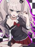  1girl :p akahito_(akaironotanin) bear_hair_ornament blonde_hair blue_eyes bow breasts checkered_background cleavage collarbone danganronpa:_trigger_happy_havoc danganronpa_(series) enoshima_junko hair_ornament hand_up highres large_breasts long_hair looking_at_viewer miniskirt nail_polish necktie pleated_skirt red_nails red_skirt shirt skirt smile solo tongue tongue_out twintails two-tone_necktie v 