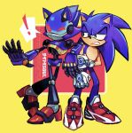  ! 2boys 9474s0ul animal_ears annoyed blue_armor blue_fur blue_light chaos_sonic elbow_on_another&#039;s_shoulder fake_animal_ears gloves glowing green_eyes highres joints multiple_boys no_mouth one_eye_closed red_eyes red_footwear robot sonic_(series) sonic_prime sonic_the_hedgehog 