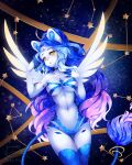  2020 abstract_background anthro biped blue_hair blue_inner_ear_fluff breasts digital_media_(artwork) eyebrows eyelashes female fur hair inner_ear_fluff long_hair mammal navel open_mouth shaded solo standing tail tail_tuft tekahika tuft white_body white_fur wings yellow_eyes 