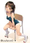  1girl :d arm_support bare_arms bare_shoulders black_hair blue_one-piece_swimsuit breasts brown_eyes chair cleavage collarbone commentary_request full_body hair_bobbles hair_ornament koutaro long_hair looking_at_viewer medium_breasts on_chair one-piece_swimsuit one_side_up original school_chair school_swimsuit shoes sitting smile socks solo swimsuit tan tanlines twitter_username uwabaki white_background white_footwear white_socks 