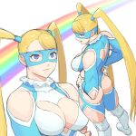  1girl ass back blonde_hair blue_leotard boots breasts cleavage clothing_cutout elbow_cutout hair_pulled_back heart_cutout leotard lips long_hair looking_at_viewer looking_back mask medium_breasts muscular noppo_(tarstation) rainbow rainbow_mika shoulder_cutout smile solo street_fighter street_fighter_v twintails wrestler wrestling wrestling_mask wrestling_outfit 