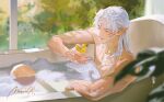  1boy bathtub blurry blurry_foreground bubble closed_eyes demon_boy facial_mark fingernails forehead_mark highres inuyasha long_fingernails male_focus mmmilk nude parted_bangs partially_submerged plant pointy_ears rubber_duck sesshoumaru sharp_fingernails signature solo toned toned_male white_hair 