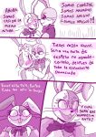  anthro blush bow_accessory buckteeth clothing comic dialogue duo female five_nights_at_freddy&#039;s glitchtrap happy lagomorph leporid male mammal purple_background rabbit renita_reed scottgames simple_background smile spanish_text speech_bubble sweater teeth text topwear vanny_(fnaf) whiskers white_background 