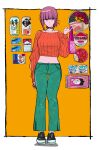  1girl absurdres bandaid beer_can black_footwear can cigarette_pack crop_top cup_ramen expressionless food green_pants highres holding holding_cigarette_pack jinusi noodles orange_background orange_sweater original pants ponytail purple_hair red_eyes shoes sneakers solo sweater 