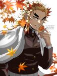  1boy a4h2maico absurdres autumn autumn_leaves blonde_hair cape colored_tips demon_slayer_uniform facing_viewer flame_print forked_eyebrows hand_up highres holding holding_leaf kimetsu_no_yaiba leaf long_hair long_sleeves male_focus multicolored_hair red_hair rengoku_kyoujurou smile solo standing streaked_hair twitter_username upper_body watermark white_background white_cape 
