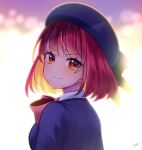  arima_kana beret blue_headwear blue_vest bob_cut closed_mouth hat hat_ribbon highres inverted_bob looking_at_viewer oshi_no_ko red_eyes red_hair ribbon school_uniform short_hair simple_background smile solo upper_body vannila_tea-er vest youtou_high_school_uniform 