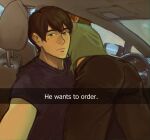  2boys ass blush car_interior car_seat english_text free! ground_vehicle he_wants_to_order_(meme) highres juni_(iloveyouapollo) looking_at_viewer lying_on_person male_focus meme multiple_boys nanase_haruka_(free!) pants rear-view_mirror selfie short_hair snapchat steering_wheel tachibana_makoto thick_eyebrows yaoi 