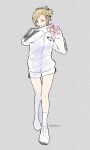  1girl blonde_hair blue_eyes closed_mouth full_body heart heart_hands highres konbanha06 lisa_silverman looking_at_viewer one_eye_closed persona persona_2 shoes short_hair shorts simple_background smile sneakers solo white_shorts 