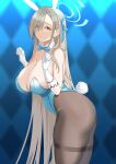  1girl absurdres animal_ears asuna_(blue_archive) asuna_(bunny)_(blue_archive) black_pantyhose blue_archive blue_eyes blue_leotard bow bowtie breasts detached_collar fake_animal_ears fake_tail from_side hair_over_one_eye highres huge_breasts leaning_forward leotard long_hair looking_at_viewer looking_to_the_side mole mole_on_breast official_alternate_costume pantyhose playboy_bunny rabbit_ears solo strapless strapless_leotard tail thighband_pantyhose tnr_(horiko1525) traditional_bowtie very_long_hair 