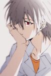  1boy closed_mouth collared_shirt facing_to_the_side grey_hair head_rest looking_at_viewer male_focus nagisa_kaworu neon_genesis_evangelion official_style parody red_eyes shirt short_hair solo spiked_hair style_parody tousok white_shirt yellow_shirt 
