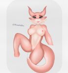  anthro big_breasts blue_body bodily_fluids breasts canid canine digital_media_(artwork) dragon female fur genitals hemelarix hi_res horn humanoid looking_at_viewer mammal nipples nude open_mouth pink_body pink_fur purple_eyes pussy simple_background smile solo tail 