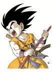  1boy black_eyes black_hair dragon_ball highres holding holding_polearm holding_weapon jumpsuit kakeru_(dbskakeru) open_mouth orange_jumpsuit polearm simple_background sleeveless solo son_goku teeth weapon white_background 