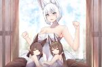 3girls :o @_@ absurdres akagi-chan_(azur_lane) amagi-chan_(azur_lane) animal_ears azur_lane bare_shoulders bell blue_eyes blush breasts brown_hair cleavage closed_eyes day eyeshadow facing_viewer flower fox_ears fox_girl fox_tail from_side girl_sandwich hair_bell hair_between_eyes hair_flower hair_ornament hands_up highres hug kaga_(azur_lane) kitsune large_breasts leaning_on_person long_hair looking_at_another looking_down makeup medium_hair multiple_girls multiple_tails naked_towel red_eyeshadow samip sandwiched short_hair surprised tail teeth towel upper_teeth_only very_long_hair white_flower white_hair 