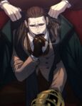  1boy adjusting_another&#039;s_clothes ascot black_hair cigar coat collared_shirt crocodile_(one_piece) dated dressing_another feet_out_of_frame hair_slicked_back highres hook_hand looking_at_viewer male_focus mature_male mj_(mj_6nol) one_piece scar scar_on_face scar_on_nose shirt short_hair smoking smug solo_focus stitches textless_version 