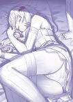  1girl absurdres ahoge ass bare_shoulders bed blush breasts closed_eyes detached_sleeves dress hair_ornament highres ibuki_notsu long_hair lying monochrome on_bed on_side panties pillow ribbed_dress short_dress sidelocks sleeping small_breasts solo_focus thighhighs thighs underwear vocaloid voiceroid yuzuki_yukari 