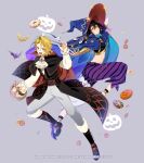  2boys amber_(fire_emblem) ascot black_hair blonde_hair cape crop_top fire_emblem fire_emblem_engage fire_emblem_heroes halloween halloween_costume hat highres l_(matador) male_focus multiple_boys official_alternate_costume open_mouth red_eyes seadall_(fire_emblem) seadall_(halloween)_(fire_emblem) short_hair simple_background smile white_ascot witch_hat yellow_eyes 