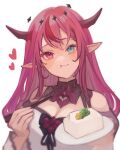  1girl blue_eyes blush breasts brooch chopsticks cleavage closed_mouth collar demon_horns detached_collar detached_sleeves dress eating flower food frilled_dress frills heart heterochromia holding holding_chopsticks holding_plate hololive hololive_english horns irys_(1st_costume)_(hololive) irys_(hololive) jewelry long_hair long_sleeves looking_at_viewer medium_breasts multicolored_hair pink_eyes plate pointy_ears purple_hair red_flower red_hair shou3_2 simple_background smile solo tofu very_long_hair virtual_youtuber wavy_hair white_dress 
