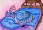  antennae_(anatomy) bed blue_stripes disney distracting_watermark facial_spots furniture green_eyes hyenafactory looking_away lying male monster monsters_inc multi_limb on_bed on_front pillow pixar purple_body randall_boggs signature simple_background solo spots stripes text traditional_media_(artwork) tv_remote url watermark 