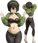  1girl :/ aged_up alternate_breast_size alternate_costume arms_up ass avatar:_the_last_airbender avatar_legends black_hair black_pants breasts closed_mouth cowboy_shot cropped_hoodie double_middle_finger full_body green_hairband green_jacket grey_eyes hairband hands_up highres hood hoodie jacket medium_breasts middle_finger midriff multiple_views navel pants rakeemspoon short_hair sports_bra stomach thigh_gap toph_bei_fong v-shaped_eyebrows yoga_pants 