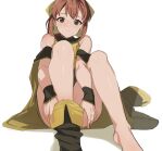  1girl adjusting_footwear ahonoko arm_between_legs barefoot boots breasts brown_eyes brown_footwear brown_hair brown_ribbon character_request cleavage closed_mouth convenient_leg eyelashes feet fire_emblem foreshortening hair_ribbon knees_up legs looking_at_viewer medium_hair off_shoulder on_ground parted_bangs ribbon shoes sidelocks simple_background single_shoe sitting sleeveless solo white_background 