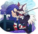  absurd_res anthro black_body black_fur blue_body blue_eyes blue_fur canid canine canis clothing detailed_background duo eulipotyphlan fishing fishing_rod footwear fur green_eyes hair handwear happy hedgehog heterochromia hi_res holding_object infinite_(sonic) jackal looking_away male male/male mammal narrowed_eyes outside plant romantic romantic_couple sega shoes sitting smile smirk sonic_forces sonic_the_hedgehog sonic_the_hedgehog_(series) toodamncycle tree white_body white_fur white_hair yellow_eyes 